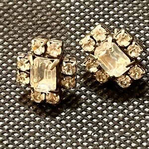 Vintage Clear Crystal Emerald Cut Rhinestone Converted to Pierced Earrings MCM